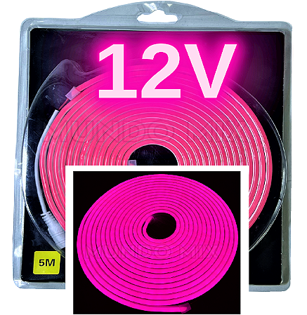 Mangueira Neon LED 12V 5mts 6X12mm Rosa pink 12w/mt Flexível Corte 2,5cm 12volts