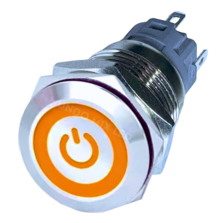 chave botão 19mm com trava Luz amarelo on off inox metal liga desliga universal 12v-24v 19mm