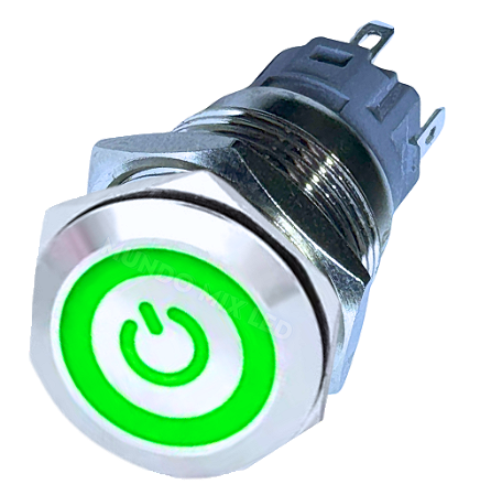 chave botão 19mm sem trava Luz verde pulsante tipo buzina inox metal universal 12v 24v
