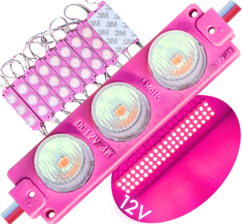 módulo led mega lente 3030 3w 12v 3-leds rosa pink ip67 12volts 60º Injetado para letreiros