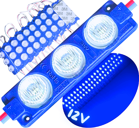módulo led mega lente 3030 3w 12v 3-leds azul royal ip67 12volts 60º Injetado para letreiros