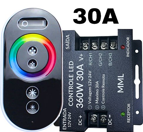 Controladora RGB Touch screen 360W 30A 12v-24v Comando Analógico P/ Fita leds