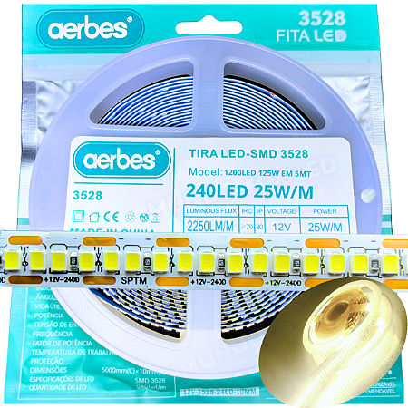 Fita LED IP20 12V 240Leds Branco Morno 4000K 24W /mt 12Volts P/ Perfil
