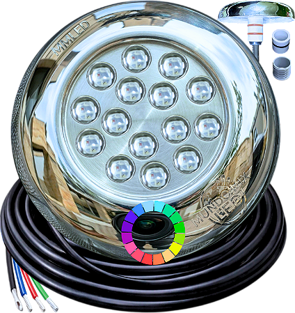 Luminária P/ Piscinas 18W LUZ RGB 12V IP68 125mm 4IN1 1/2 3/4 A Prova D’água Aço Inox Cabo 3mts