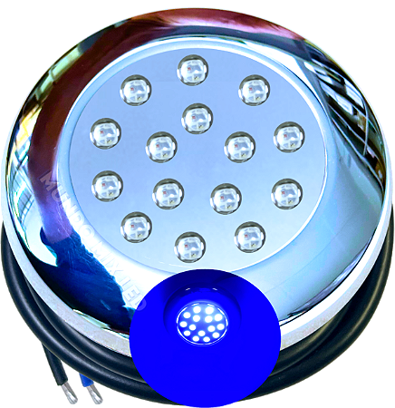 Luminária Refletor INOX P/ Piscinas AZUL 18W 12v IP68 125mm Rosca 1/2 21mm Prova D’água