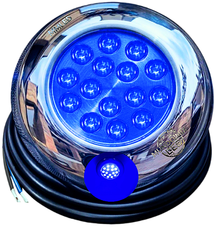 Luminária Refletor INOX 18W AZUL ROYAL 12v IP68 125mm 3IN1 Liso Rosca 1/2 3/4 P/ Piscinas Prova D’água Cabo 3mts