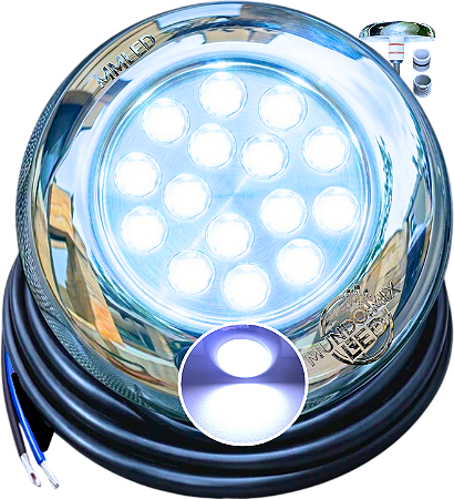 Luminária Refletor INOX 18W BRANCO FRIO 12v IP68 125mm 3IN1 Liso Rosca 1/2 3/4 P/ Piscinas Prova D’água Cabo 3mts