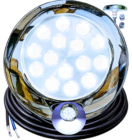 Luminária Refletor INOX 18W BRANCO FRIO 12v IP68 125mm 3IN1 Liso Rosca 1/2 3/4 P/ Piscinas Prova D’água Cabo 3mts