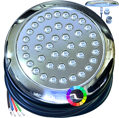 Luminária Refletor RGB 35W 12V INOX P/ Piscinas Lagos IP68 125mm Rosca Pressão 1/2 3/4 16mm 21mm 25mm A Prova D’água IP68