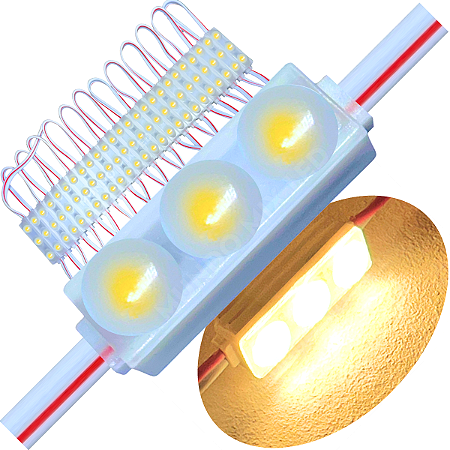 Micro Módulo LED 2835 30mm 0,6W 3-LEDs Branco Quente 3000K 12V IP67 Injetado Lente 160º