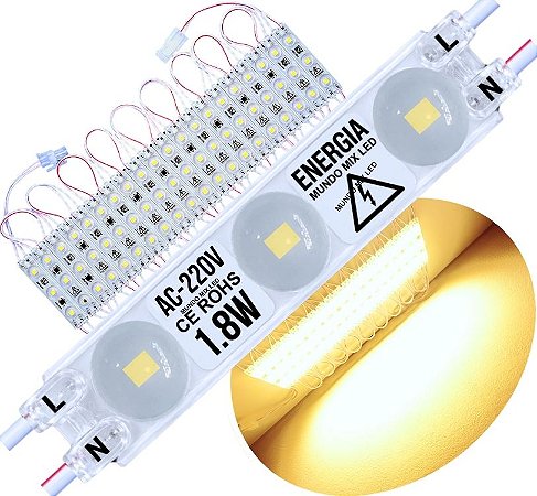 Módulo LED 2835 AC 220V 1,5W Branco QUENTE 3.000k CHIP independente 3-LEDs IP67 Direto Na Energia Injetado Lente 170º 227V P/ Luminosos