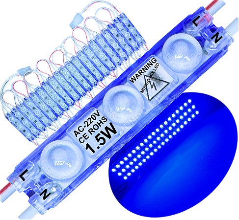 Módulo LED 2835 AC-220V 1,5W Azul Royal 3-Leds ip67 Direto Na Energia Injetado Lente 170º 220V P/ Luminosos
