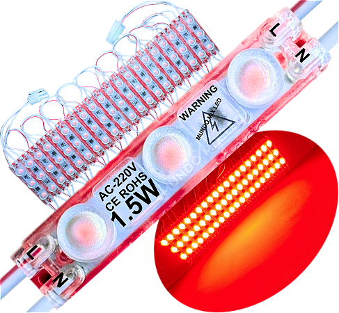 Módulo LED 2835 AC 220V 1,5W VERMELHO Puro CHIP independente 3-LEDs IP67 Direto Na Energia Injetado Lente 170º 227V P/ Luminosos