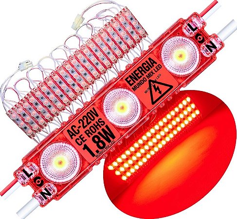 Módulo LED 2835 AC 220V 1,5W VERMELHO Puro CHIP independente 3-LEDs IP67 Direto Na Energia Injetado Lente 170º 227V P/ Luminosos