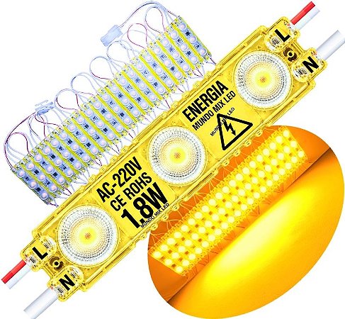 Módulo LED 2835 AC 220V 1,5W AMARELO Âmbar CHIP independente 3-LEDs IP67 Direto Na Energia Injetado Lente 170º 227V P/ Luminosos