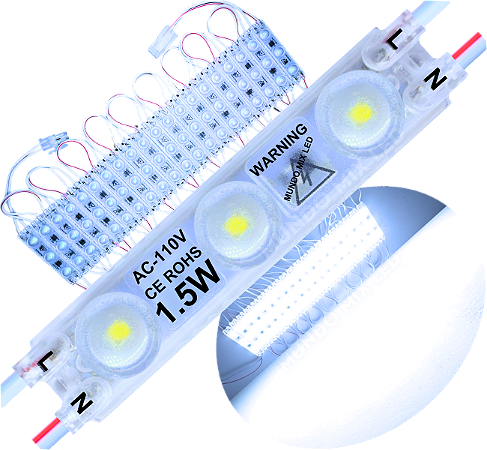 Módulo LED 2835 AC 110V 1,5W Branco FRIO 8.000K CHIP independente 3-LEDs IP67 Direto Na Energia Injetado Lente 170º 127V P/ Luminosos