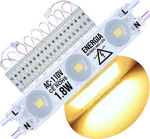 Módulo LED 2835 AC 110V 1,5W Branco QUENTE 3.000k CHIP independente 3-LEDs IP67 Direto Na Energia Injetado Lente 170º 127V P/ Luminosos