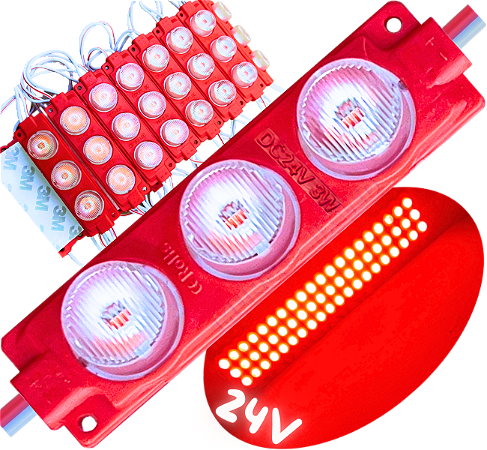 Módulo LED Mega Lente 24V 3030 3W Vermelho 3-LEDs 8cm IP67 Super LED 24Volts C/ Lente 60º Injetado P/ Caminhão Ônibus