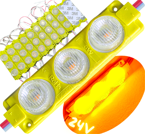Módulo LED Mega Lente 24V 3030 3W Amarelo Âmbar 3-LEDs 8cm IP67 Super LED 24Volts C/ Lente 60º Injetado P/ Caminhão Ônibus