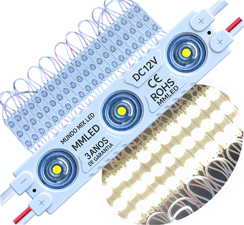 Módulo LED 7030 1,5W 3-LEDs COREANO IP68 Branco Morno 4000k Premium 12V Com Lente 180º Injetado P/ Letras Caixas Caixas - 03 ANOS DE GARANTIA