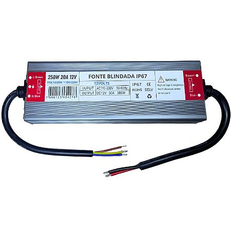 Fonte Blindada VM FN 250W 12V 20A 01 Fio IP67 Prova Dagua 110V-220V P/ Leds Cftv