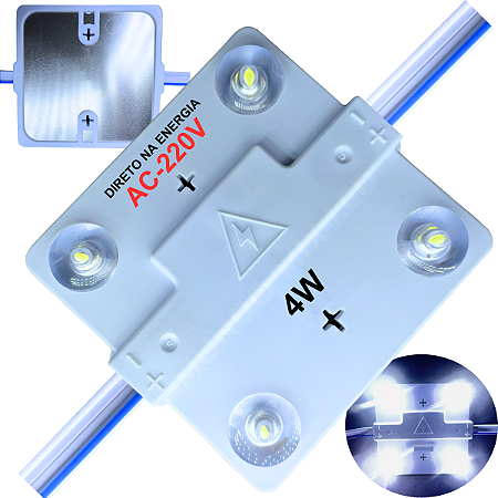 Módulo LED 6X6 AC-220V 4W 4-LEDs Branco Frio IP67 Direto Na Energia Injetado Lente 170º P/ Letras Luminosos