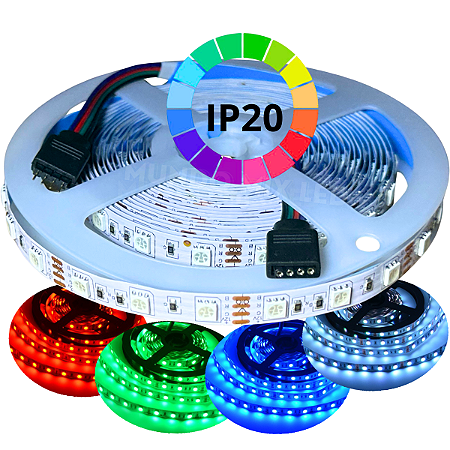 Fita LED RGB 5050 IP20 60LEDs 14,4W Por MT 12V Premium Multicolor P/ Sanca Perfil