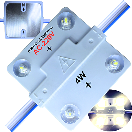 Módulo LED 6X6 AC-220V 4W 4-LEDs Branco Morno 4000k IP67 Direto Na Energia Injetado Lente 170º P/ Letras Luminosos