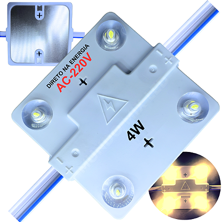 Módulo LED 6X6 AC-220V 4W 4-LEDs Branco Quente 3000k IP67 Direto Na Energia Injetado Lente 170º P/ Letras Luminosos