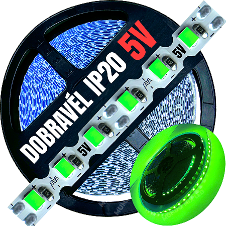 Fita LED 5Volts 6mm 9W 120LED 5V MT Verde Puro Zig Zag Faz Dobrável Faz Curvas 90º