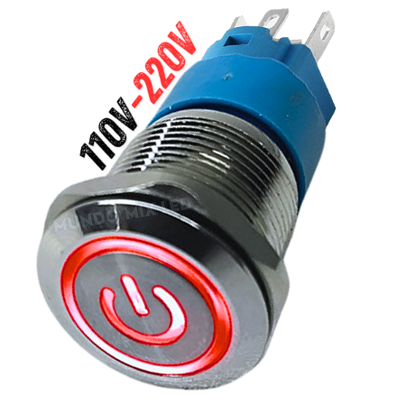 Chave Botão 110V/220V 19MM COM TRAVA Vermelho ON OFF inox Metal Liga Desliga Bivolt Universal