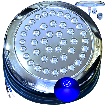 Luminária Refletor Azul Royal 35W 12V Mono Cromatica P/ Piscinas Lagos IP68 125mm Rosca Pressão 1/2 3/4 16mm 21mm 25mm A Prova D’água IP68