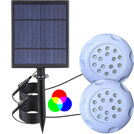 Kit Solar COM 02 Refletor RGB LED 18W 6V Solar P/ Lagos Piscinas IP68 6Volts Com Placa Solar