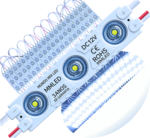 Módulo LED 7030 1,5W 3-LEDs COREANO IP68 Branco FRIO 6500k Premium 12V Com Lente 180º Injetado P/ Letras Caixas Caixas - 03 ANOS DE GARANTIA