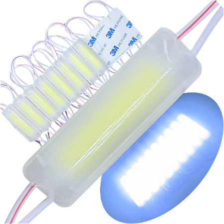 Módulo LED COB 50x16mm 1,5W 12V Branco Frio 6500K 6-LEDs 180º IP67 12Volts P/ Letras Caixas