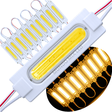 Módulo LED COB 7050 2W 12V Branco Quente 3000K 6-LEDs Lente 180º IP67 12Volts injetado P/ Letras Caixas Letreiros