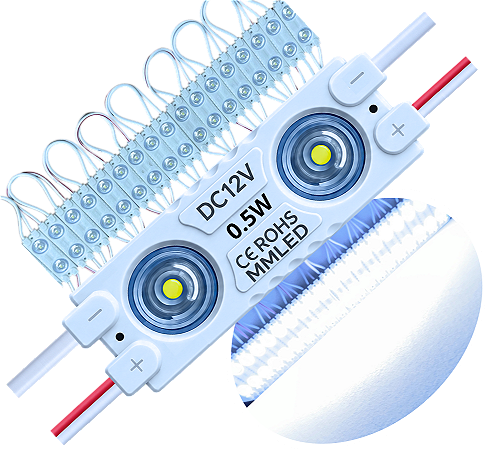 Módulo LED 7030 1W 2-LEDs COREANO IP68 Branco FRIO 6500k Premium 12V Com Lente 180º Injetado P/ Letras Caixas Caixas - 03 ANOS DE GARANTIA