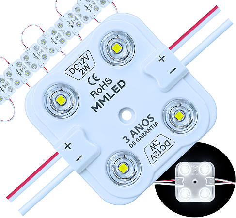 Módulo LED 7030 2W 4-LEDs COREANO IP68 Branco FRIO 6500k Premium 12V Com Lente 180º Injetado P/ Letras Caixas Caixas - 03 ANOS DE GARANTIA