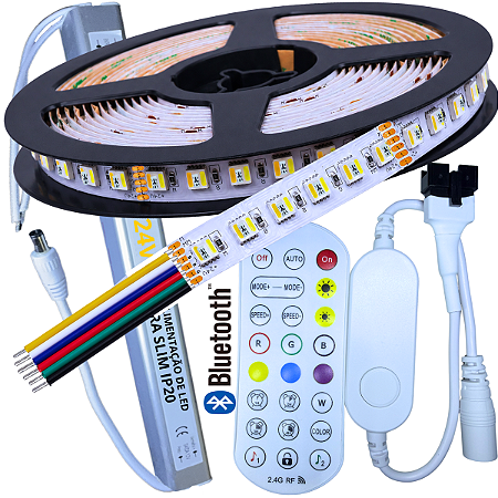 KIT 05MTS Fita LED RGBW+WW 24V Analógica 180LEDs 19W /MT IP20 + Fonte SLIM 24Volts 110v/220v + CONTROLADOR BLUETOOTH APP Alto Brilho P/ Perfil Sanca 24Volts