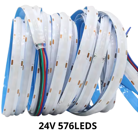 Fita LED RGB COB 24V Analógica 576LEDs 4F IP20 19W /MT 24V Alto Brilho RGB P/ Perfil Sanca 24Volts
