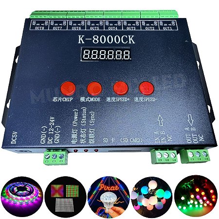 Controladora Digital K-8000CK P/ LEDs 8192 Pixels Com cartão SD 1GB off-line Controlador de saída de sinal 6803 2811 2812SPI K8000CK