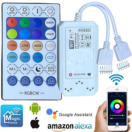 Controlador RGBW+WW WIFI 6T MUSICAL 01 Plug C/ MIC. APP MAGIC HOME Inteligente Google Alexa P/ LEDS Analógico 144W 12V-24V