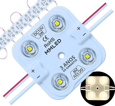 Módulo LED 7030 2W 4-LEDs COREANO IP68 Branco Morno 4000k Premium 12V Com Lente 180º Injetado P/ Letras Caixas Caixas - 03 ANOS DE GARANTIA 4LED