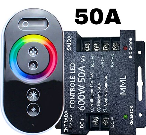 Controladora RGB 600W 50A Touch Screen 12V 24V Comando RGB Analógico P/ Fitas Módulos LEDs RGB