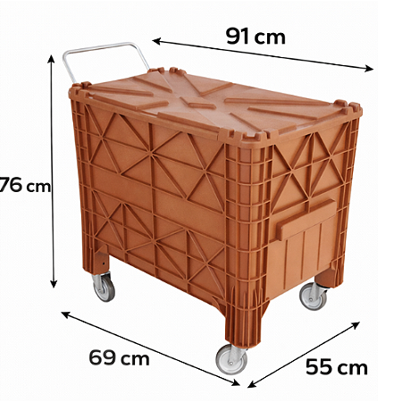 Carrinho Coletor Tipo Caixa Plástica Completa Com Tampa 370 Litros Marrom