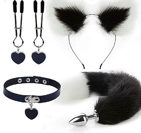 Kit Preto e Branco Plug Gargantilha Grampo de Mamilo Tiara