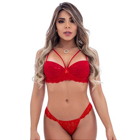 CONJUNTO FIO RENDADO COM STRAPPY E LACINHO VERMELHO MISS COLLECTION