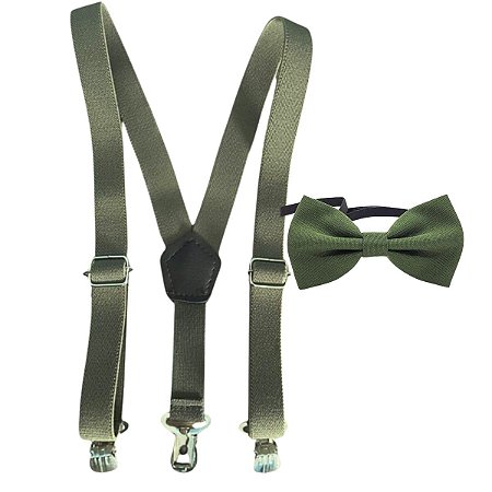 Kit Suspensório Juvenil e Gravata Borboleta Verde Oliva 10 ao 16