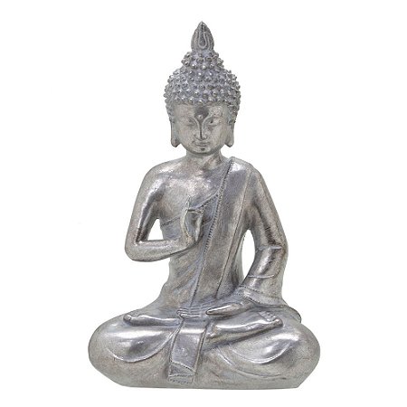 Estatueta Buda Rústico Em Resina Na Cor Prata 25 cm