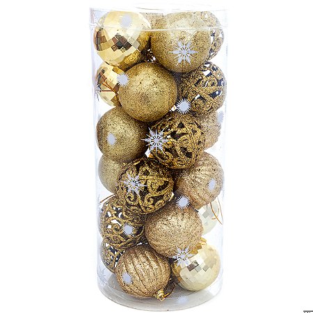24 Enfeites Bola Dourada Glitter Arabesco Arvore Natal